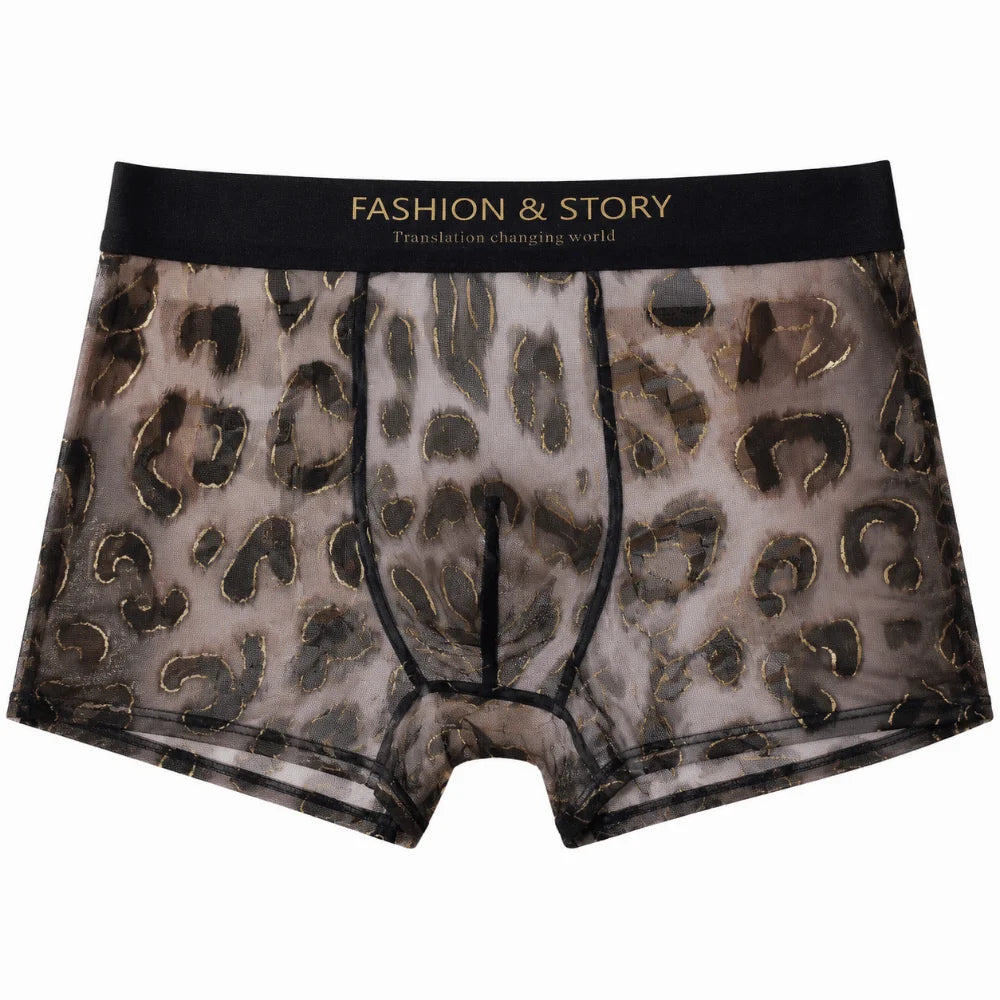 Cool Leopard Print Men's Ice Silk Boxer Underwear Ultra Thin Mesh Qme Green M