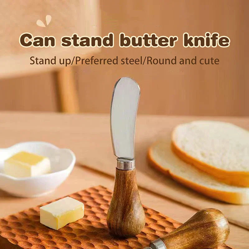 Stainless Steel Cheese Knives Cheese Fork Set Wooden Handle Butter Spatula Knife Cheese Spreader Jam Spreader Baking Tools Qme