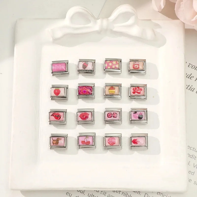 2026 Wholesale Fit 9mm Cute Pink Red Lip Yellow Stars Love Heart Italian Charm Stainless Steel Link Making DIY Jewelry Bracelets Qme