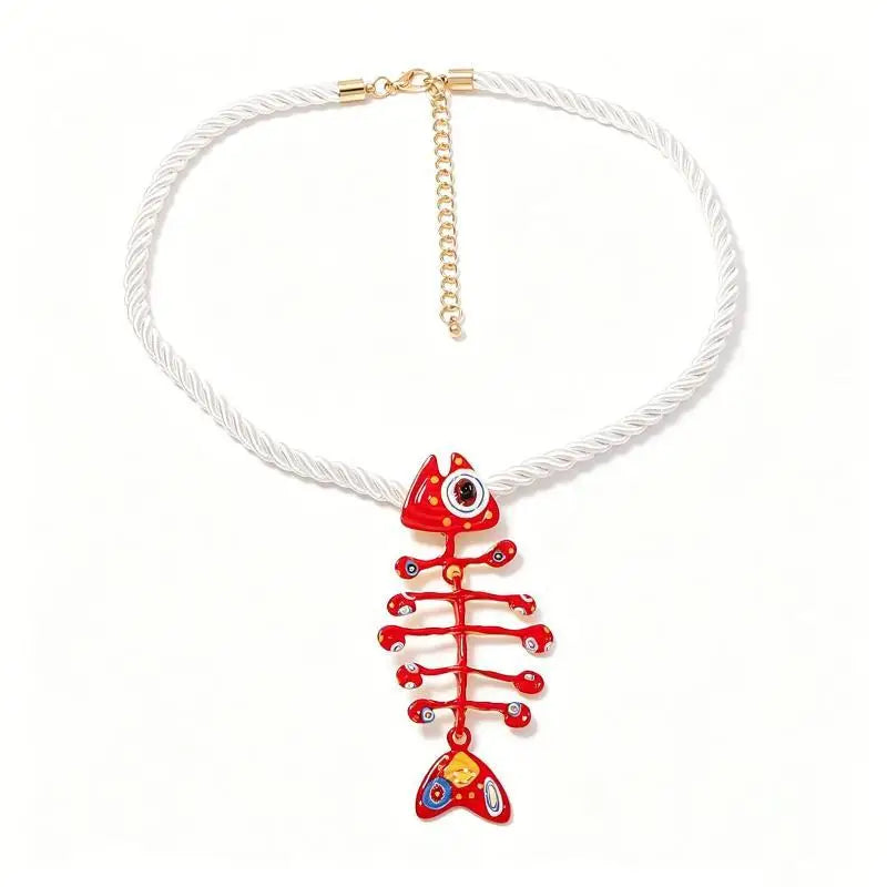 Hand Woven Boho Rope Pendant Necklace Alloy Printed Fish Bone Decor Non-irritating Neck Jewelry for Teen Girls Qme A2