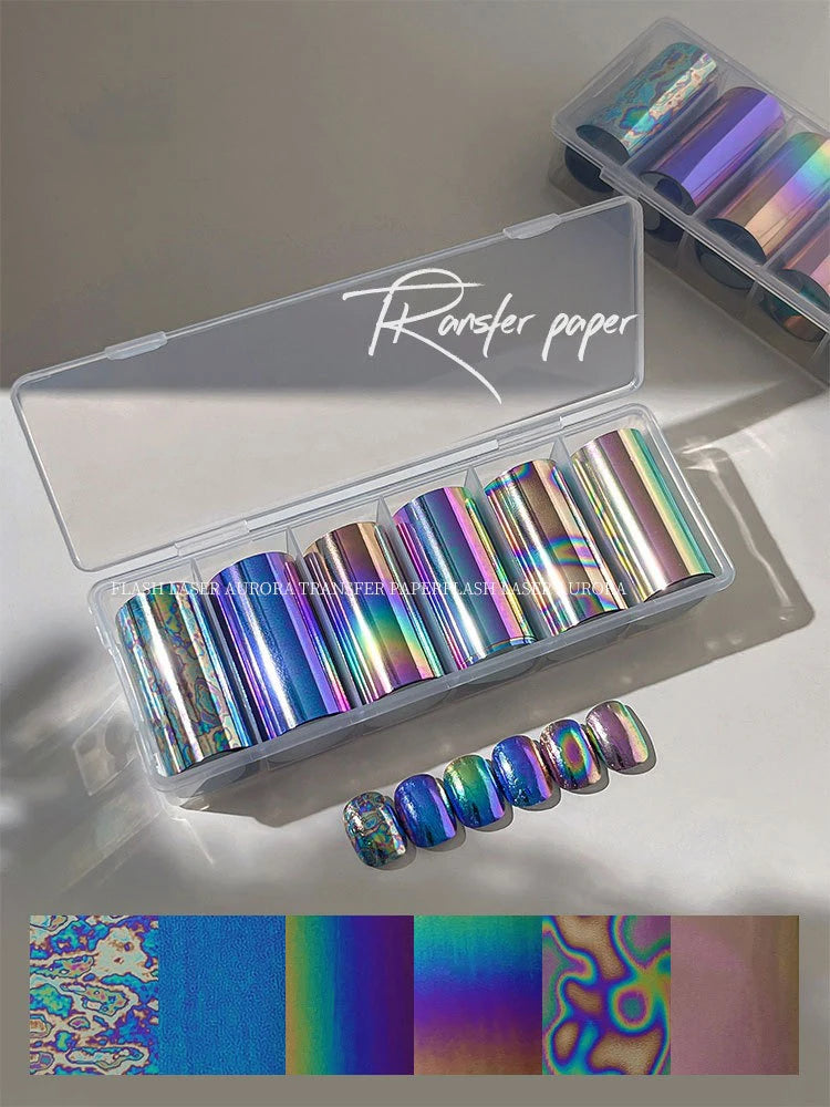 6 Rolls Holographic Aurora Nail Transfer Paper, Laser Iridescent Water Decals, Galaxy Cave Stickers for Nail Art DIY Manicure Qme 03