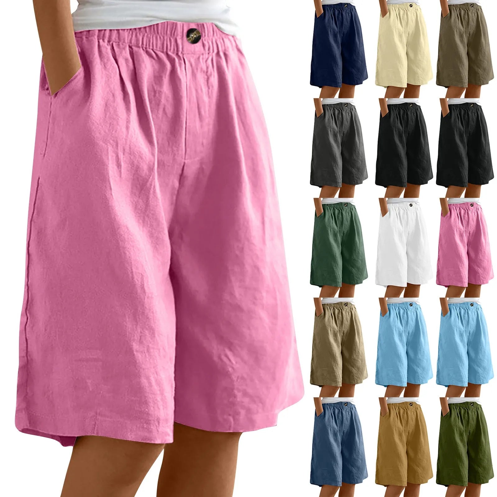 Female Fashion Solid Color Elastic High Waist Pocket Button Up Loose Cotton Linen Five Length Shorts Summer Soft Comfort Pants Qme