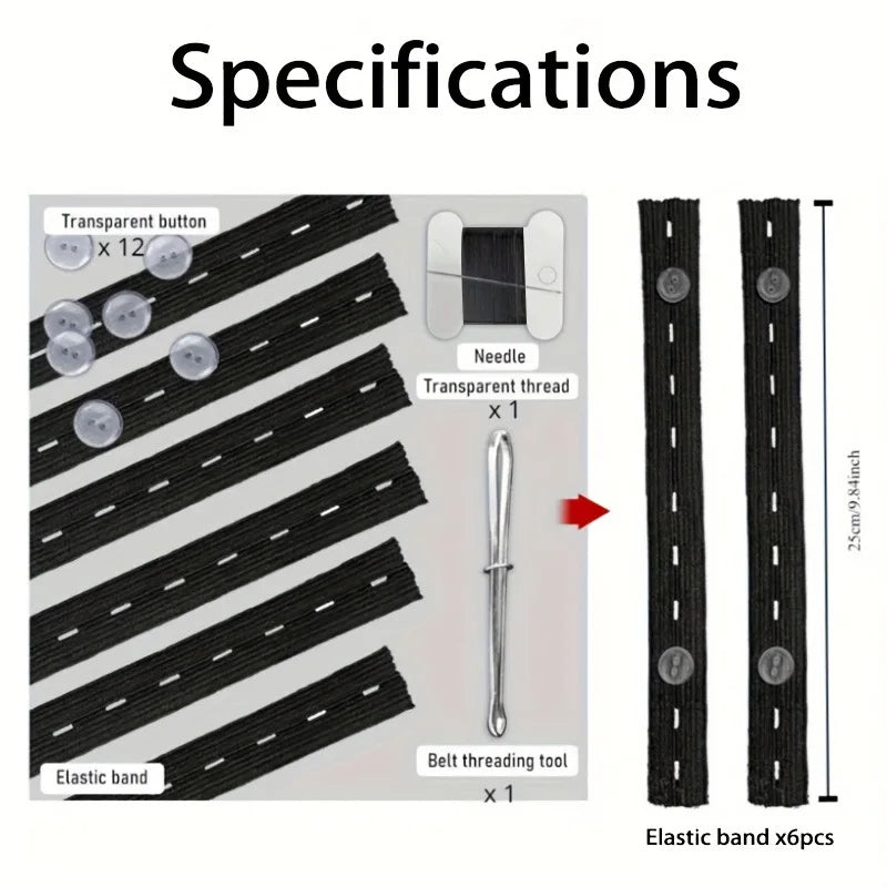 6Pcs Elastic Band Men's and Women's Adjustable Belt Tight Set - Seam-free Pants Button Adjuster Qme 6PCS Black