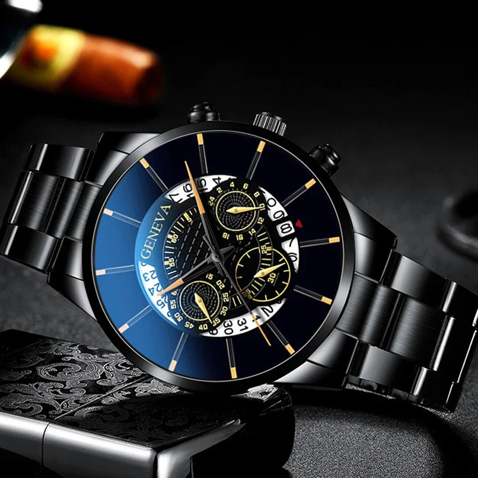 Men's Luxury Stainless Steel Watch, Sport Wristwatch, Exquisite Business Watch, Calendar, Men's Fashion Qme black gold