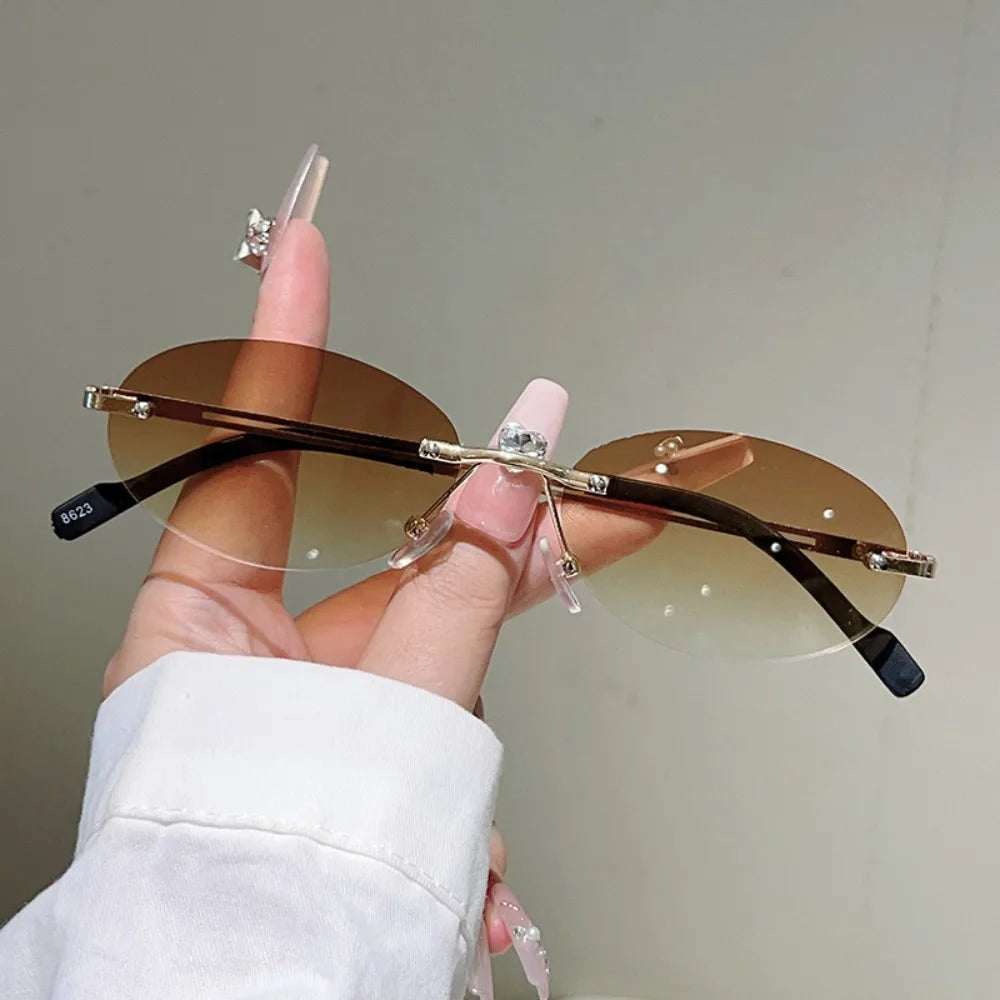 Trendy Vintage Frameless Sunglasses Metal Gradient Rimless Oval Sunglasses Small Frame Solid Color Fashion Shades Beachwear Qme Style 2 WHITE