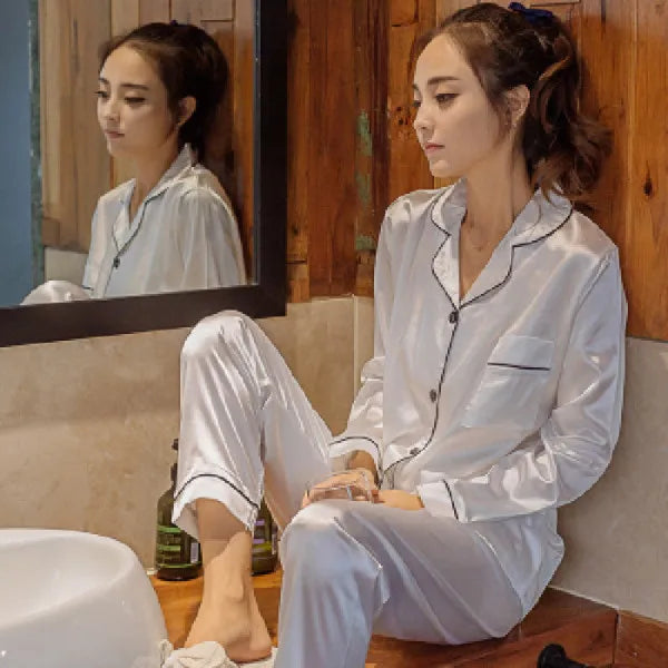B Solid Color Sleepwear Silk Satin Pajamas Couple Set Long Sleeves Pyjamas Suit Pijama Women Men Loungewear Plus Size Pj Set Qme pajama set White L