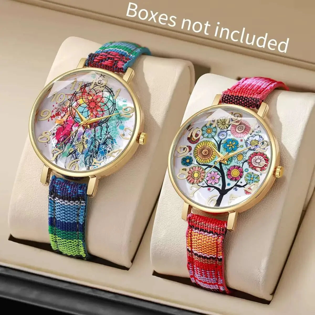 2/3/5PCS Fashion Women Watches Vintage Flowers Printed PU Strap Quartz Watch Reloj Mujer（Without Box） Qme 2PCS Without Box