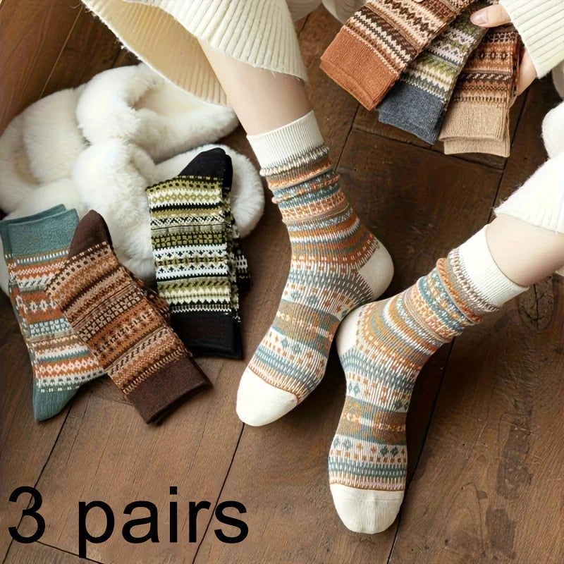 Vintage Fair Isle Crew Socks, Retro Ethnic Pattern Cotton Socks, Warm Winter Casual Slouch Socks for Women Qme