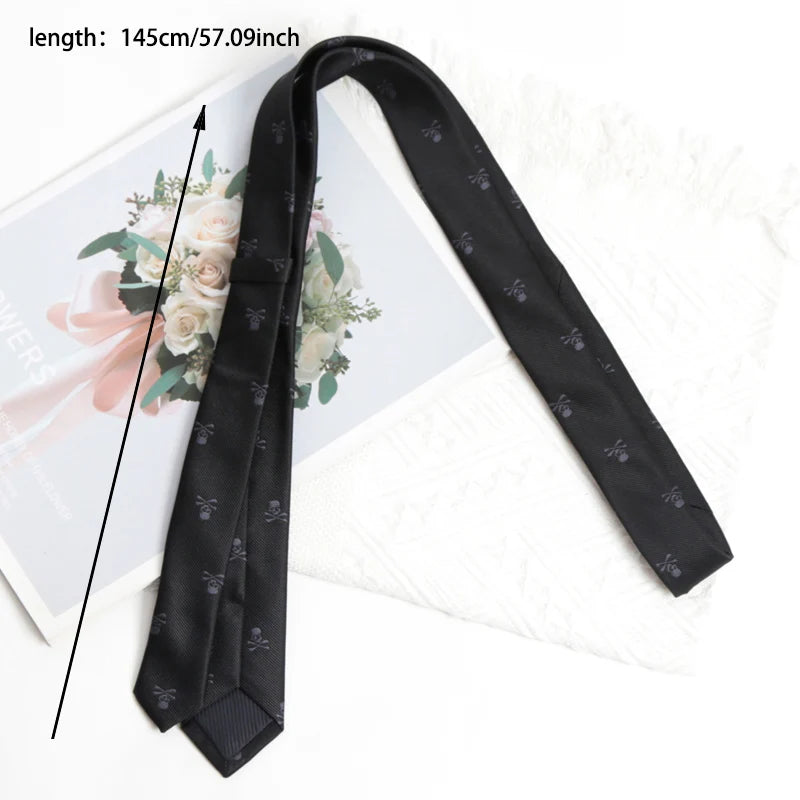 Black Slim Skull Ties Men Women Necktie Pocket Square Cufflinks Qme