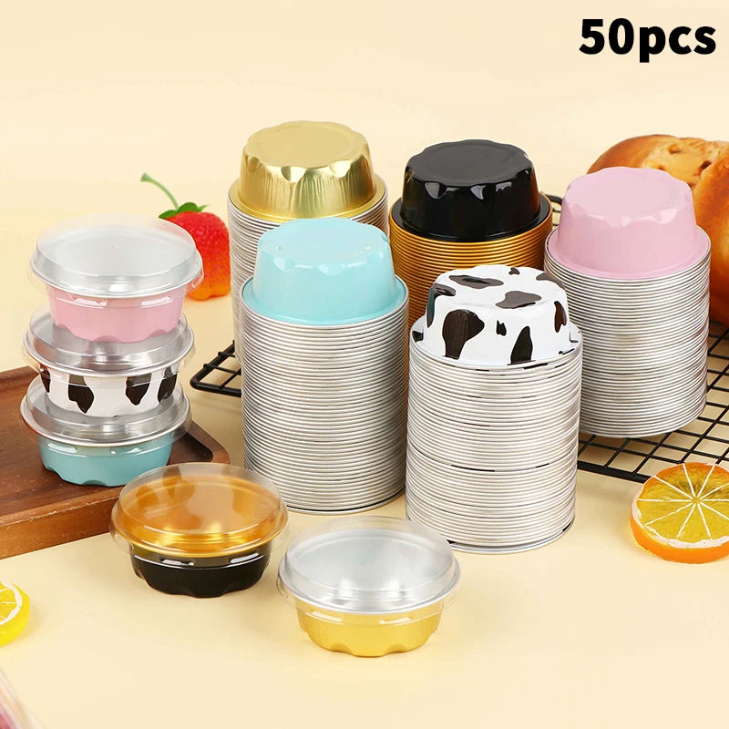 Round Baking Cups Aluminum Foil Wih Lids Reusable Cupcake Desserts Qme