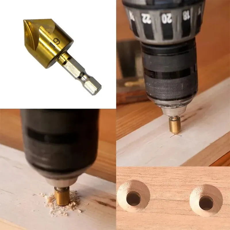 6PC Hexagonal Handle Titanium Plated Five Edge Chamfering Knife Countersunk Drill 6-19mm Woodworking Spot Facer Tool Set Qme