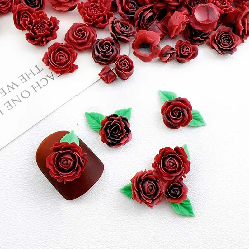 Random Mixed Wine Red Rose Nail Art Charms Luminous Flowers Qme