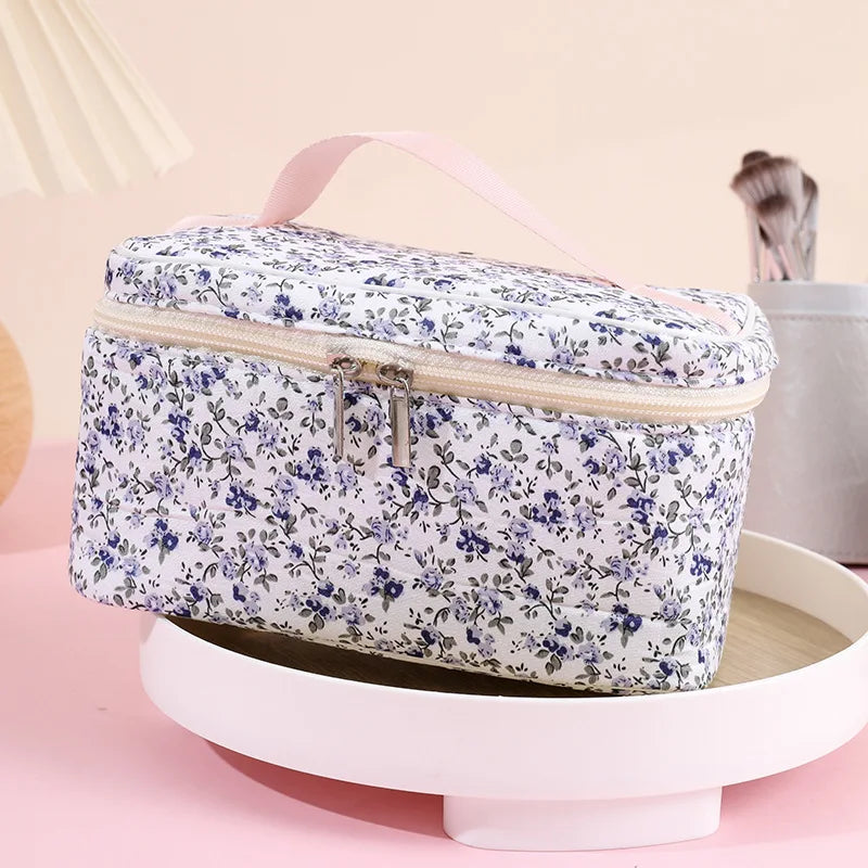 1PC Floral Makeup Bag Portable Simple Square Makeup Storage Bag Travel Toiletry Bag Qme blue