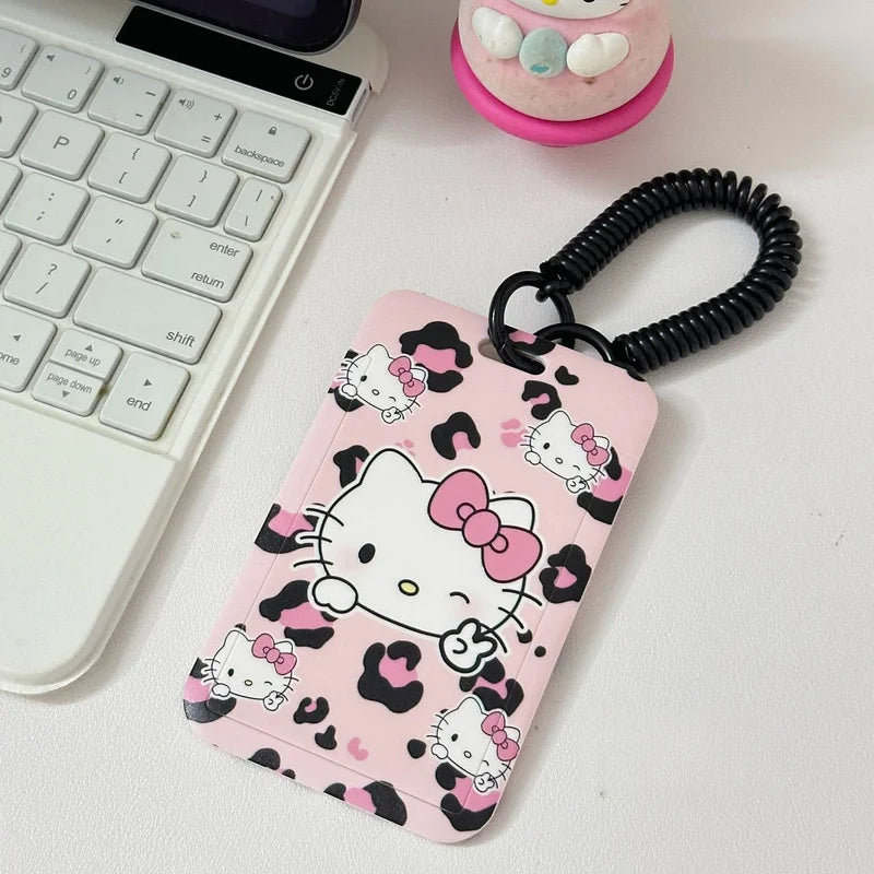 Hello Kitty Leopard-Print Cat Card Holder Student Campus Meal Card Water Card Access Card Lanyard, Neck Strap, and Keychai Qme