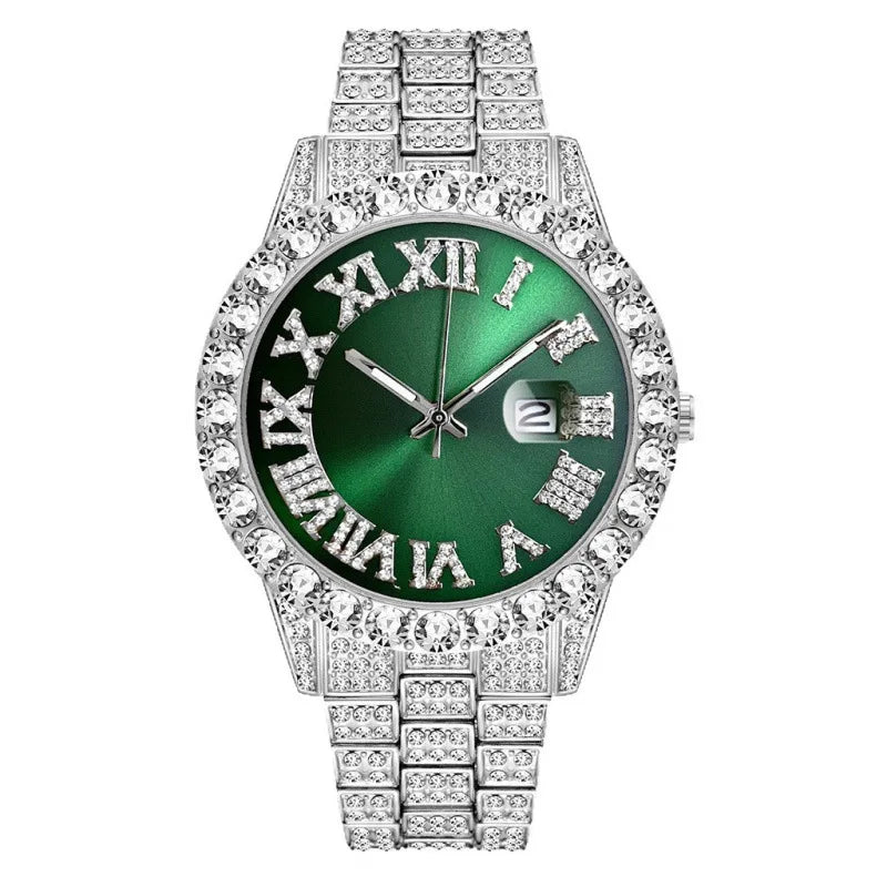 New tricolor watch set with diamonds, Cuban necklace bracelet, and cross four piece large dial Qme
