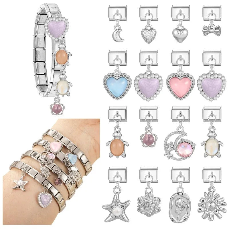 New Original Colored Crystal Turtle Moon Heart Italian Charm Stainless Steel Link Fit 9mm Modular Bracelet DIY Jewelry Wholesale Qme