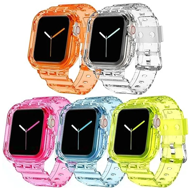Clear Band + Case for Apple Watch Series 9 8 7 6 SE 5 49mm 45mm 44mm 42mm 41mm Transparent for iwatch 3 38mm 40mm Plastic Strap Qme