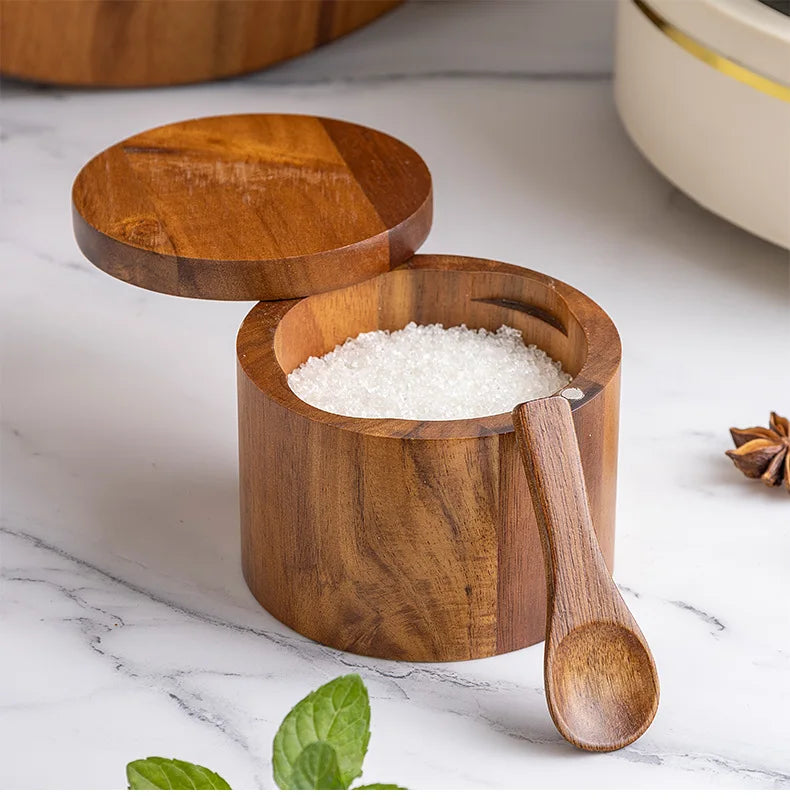 A Acacia wood salt jar, solid wood seasoning box, wooden pepper box, kitchen seasoning bottle, salt box, storage seasoning jar Qme