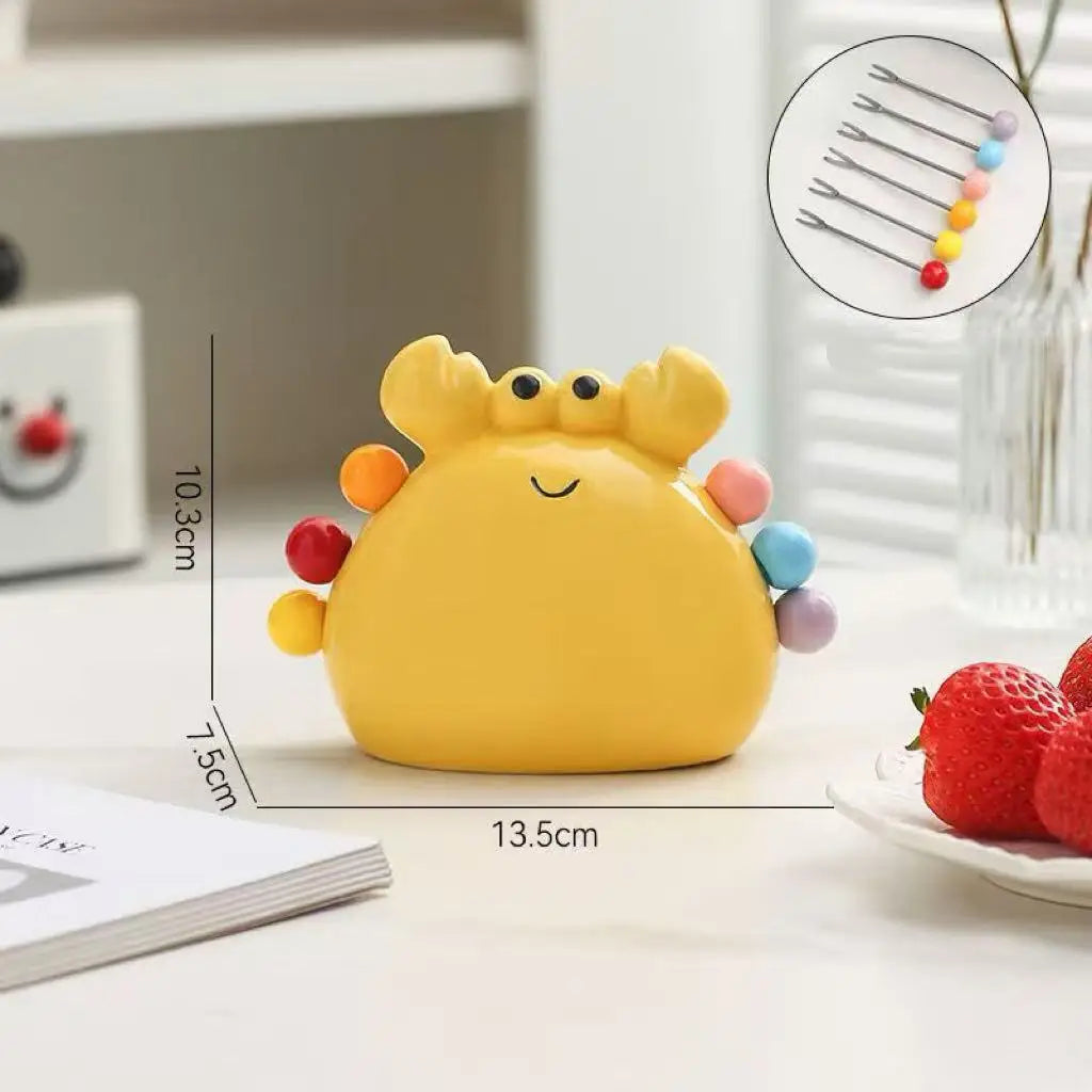 Cute Crab Shape Stainless Steel Fruit Fork Ceramic Storage Jar Safe Qme yellow