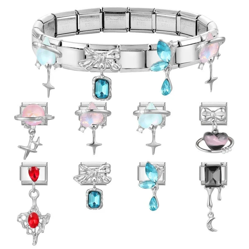2026 New Shiny Zircon Candy Heart Star Bow Italian Charm Links Fit 9mm Stainless Steel Bracelet Women Jewelry DIY Making Gifts Qme