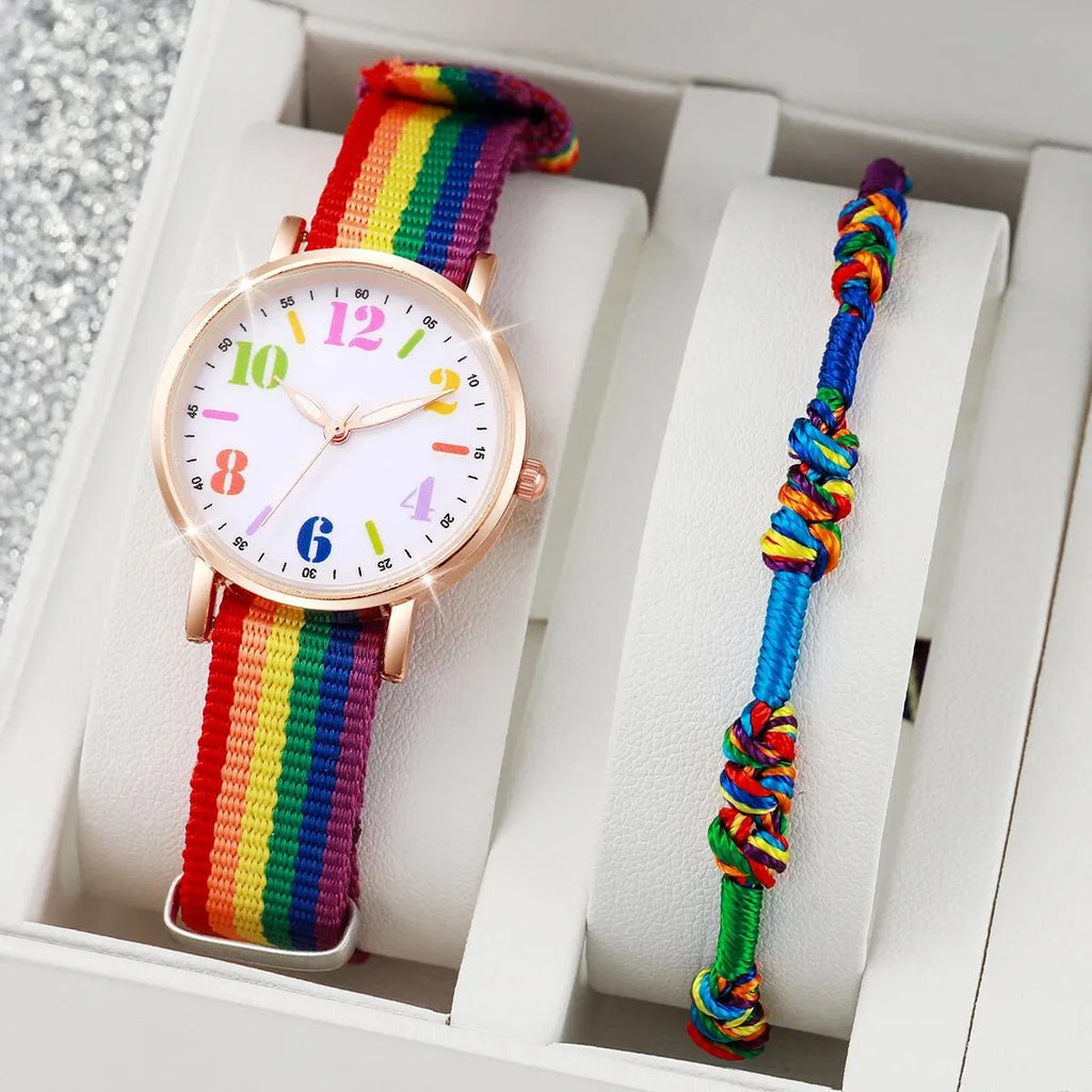 Pride Day Rainbow Watch Bracelet Set For Women Girls Colorful Large Number Dial Nylon Strap Quartz Wrist Watch Student Casual Gi Qme