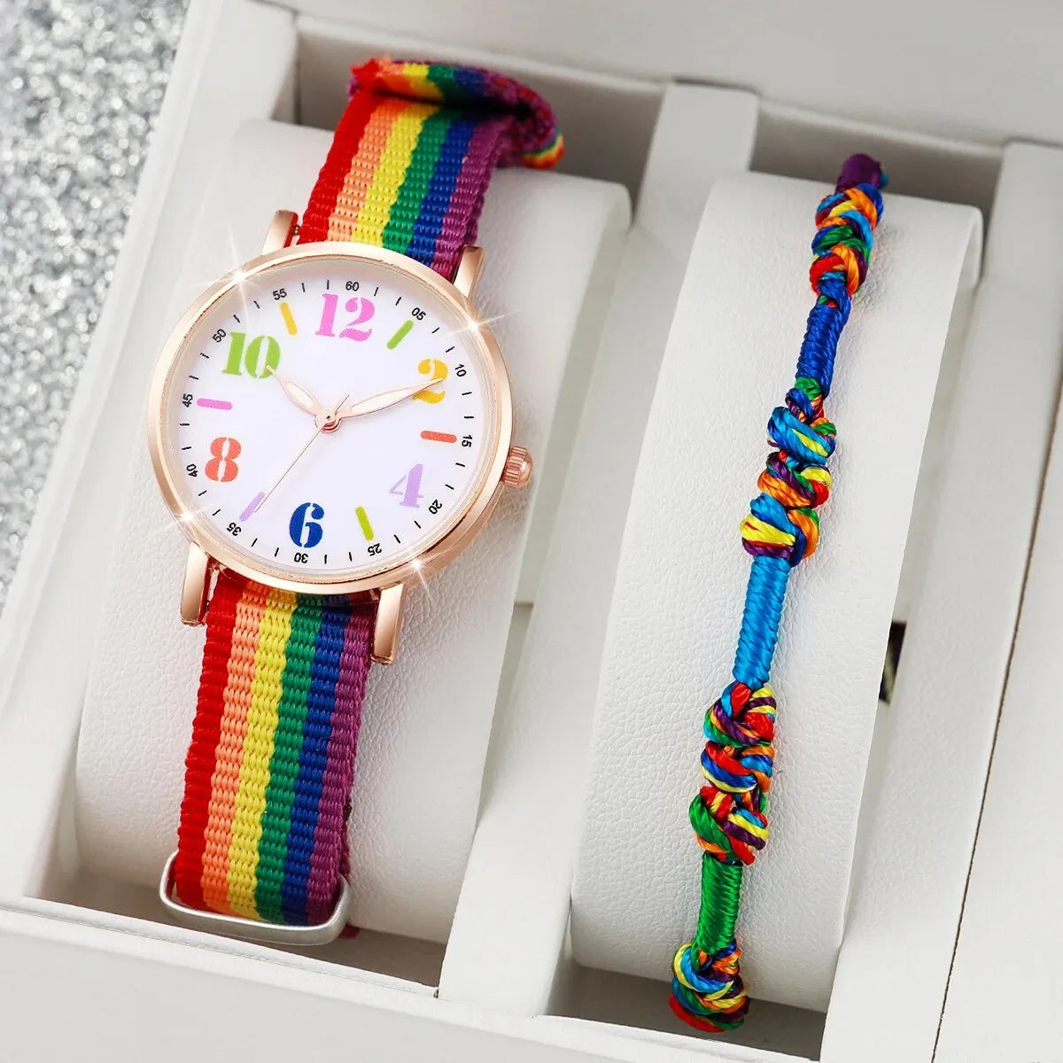 Pride Day Rainbow Watch Bracelet Set For Women Girls Colorful Large Number Dial Nylon Strap Quartz Wrist Watch Student Casual Gi Qme