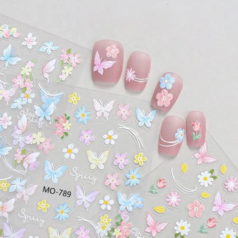 Dopamine Spring Flowers Butterfly Small Tulip Relief 3D Nail Stickers Qme