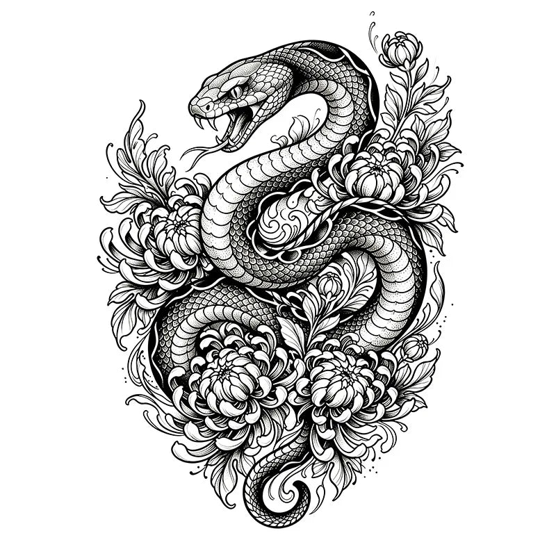 Japanese Snake Chrysanthemum Tattoo Sticker, Temporary Tattoo, New Traditional Floral Herb Juice, Waterproof Long Lasting Arm Le Qme