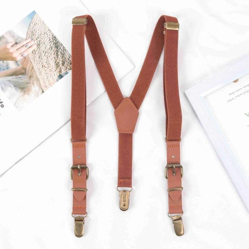 Kids Suspenders Tuxedo Y-back 3 Clips Adjustable Elastic Trouser Qme light brown