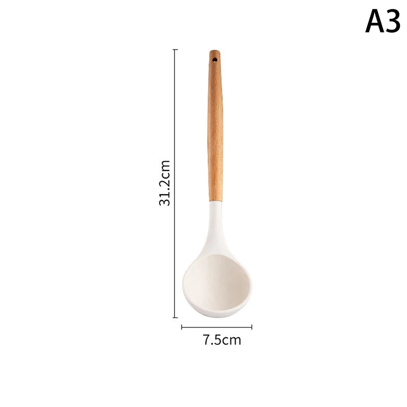Wooden Handle Silica Gel Spatula Temperature Pot Frying Soup Ladle Qme A3
