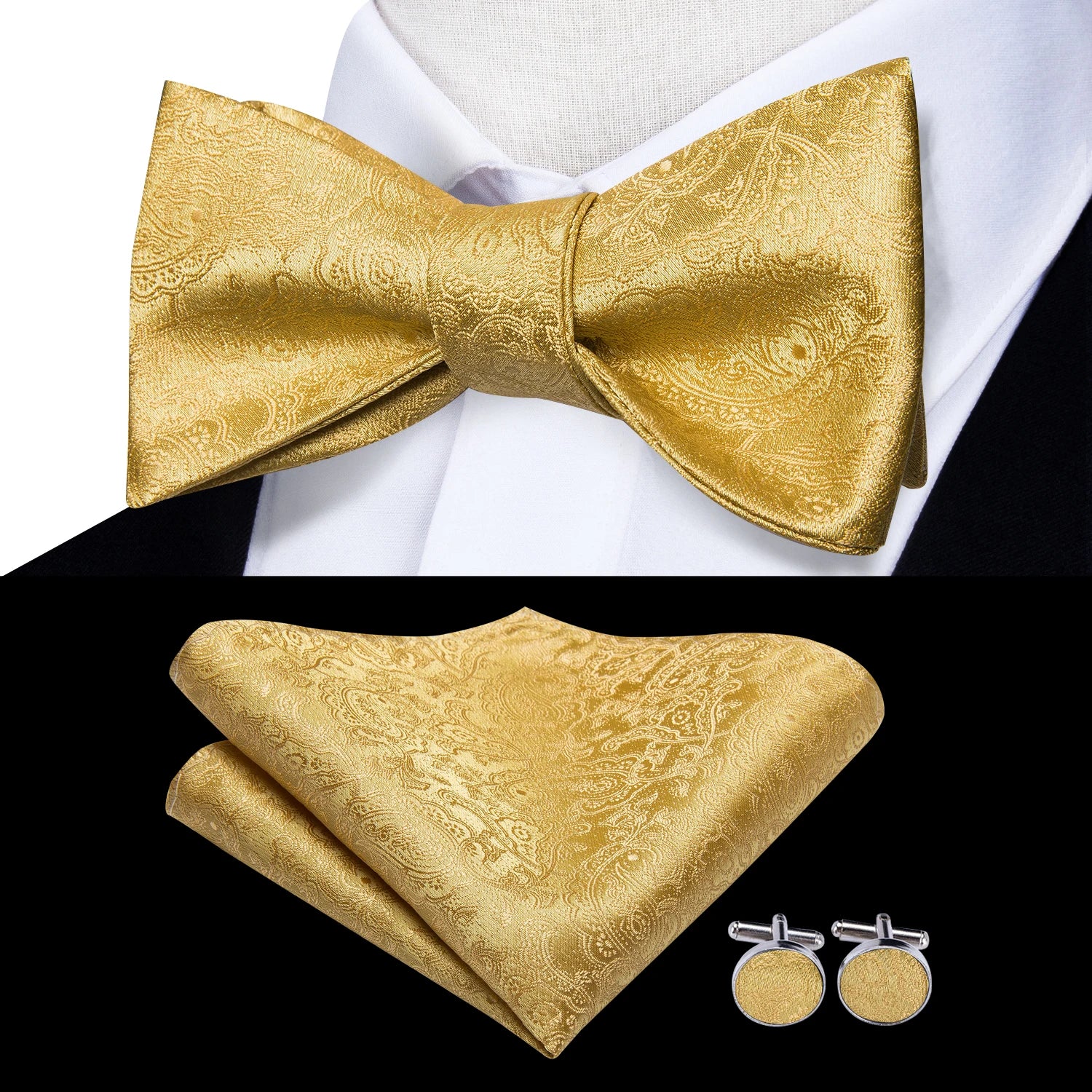 Hi-Tie Silk Mens Self Bow Tie Hanky Cufflinks Set Blue Red Gold Black White Male Jacquard Butterfly Knot Bowtie Wedding Business Qme LH-2031
