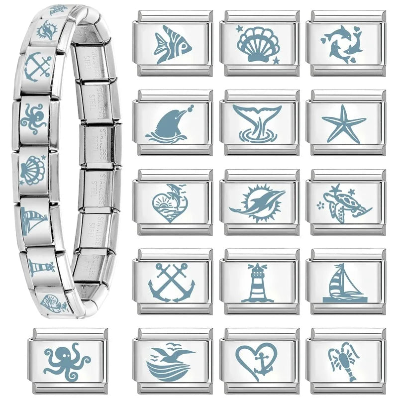 Cartoon Cute Blue Fishs Dolphin Laser Engraving Italian Charm Links Stainless Steel Fit 9mm Bracelet Men Women DIY Making Gifts Qme