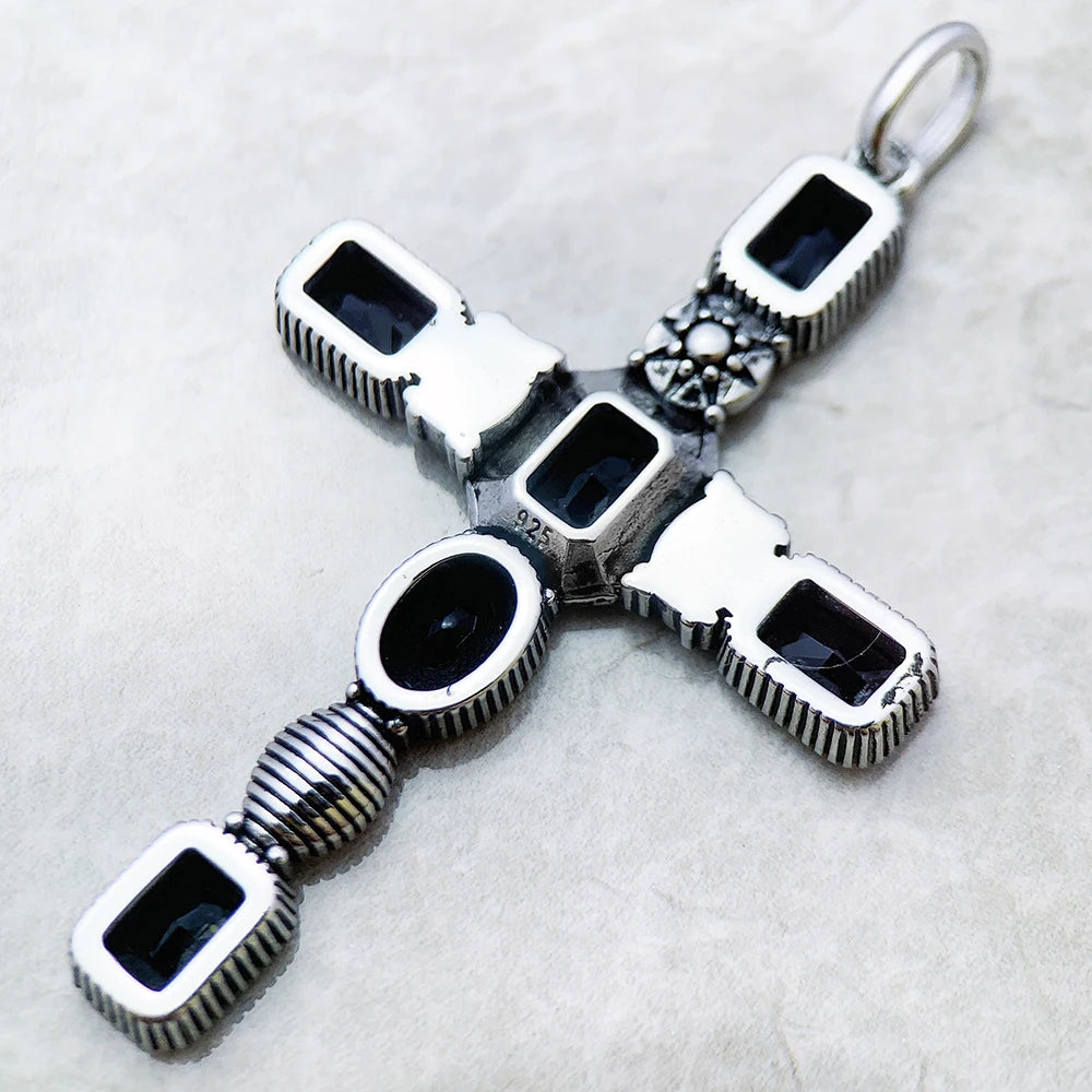 Cross Black Stone Pendant,Brand New 925 Sterling Silver Vintage Jewelry Accessories Graceful Faith Gift For Woman Qme