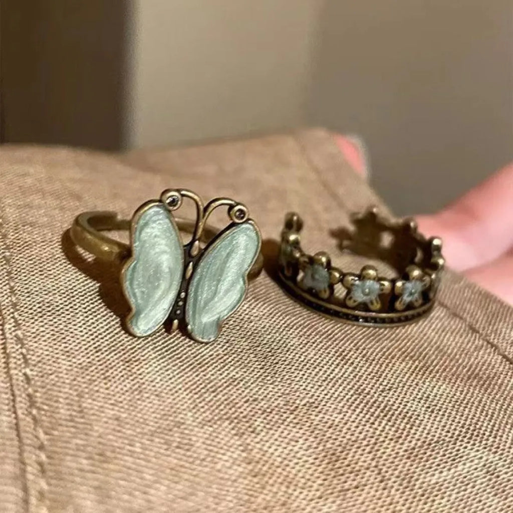 Vintage Green Style Color Butterfly Flower Opening Ring for Women Men Punk Hip Hop Metal Adjustable Finger Rings Jewelry Gift Qme