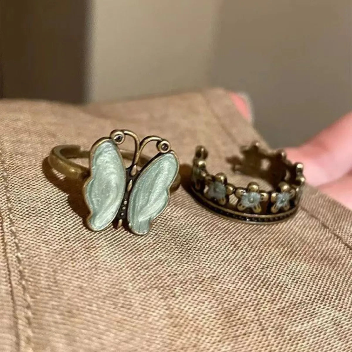 Vintage Green Style Color Butterfly Flower Opening Ring for Women Men Punk Hip Hop Metal Adjustable Finger Rings Jewelry Gift Qme