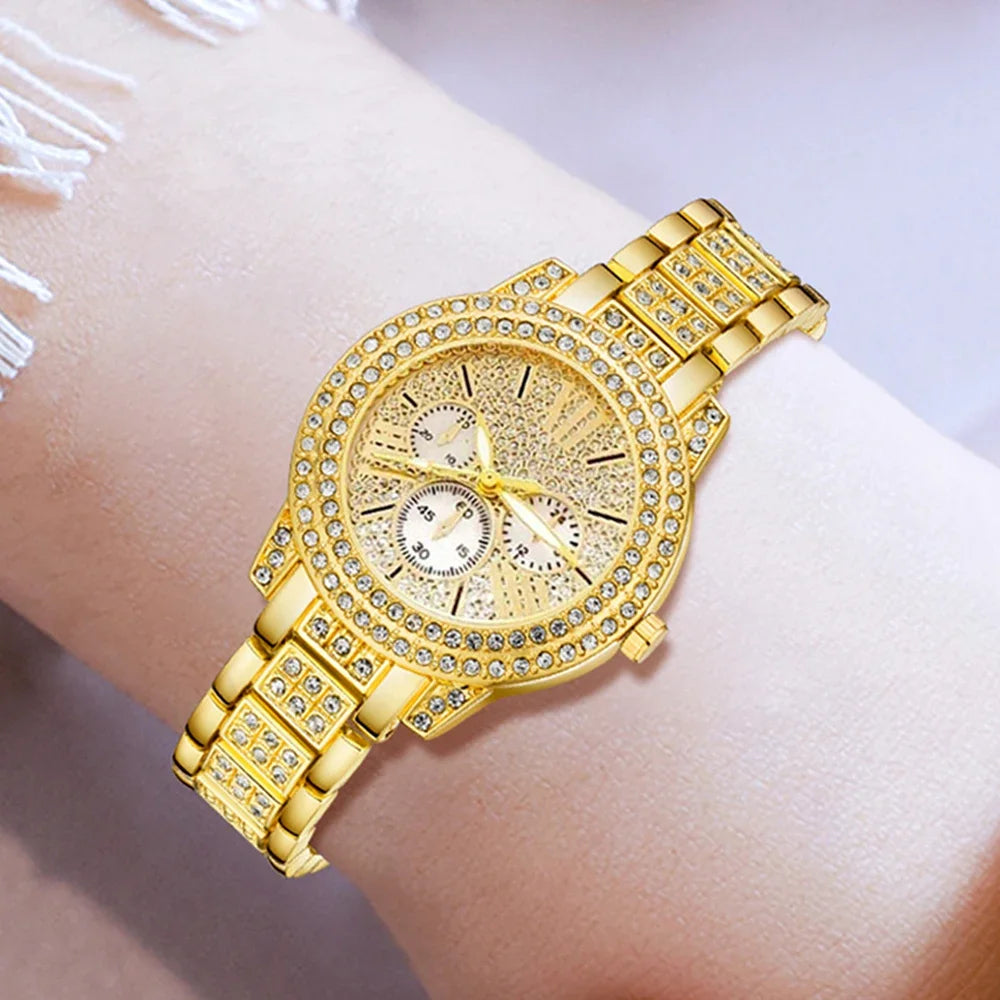 Women's Quartz Watch Gold Luxury Women Ring Necklace Earring Rhinestone Fashion Wristwatch Casual Ladies Watches Jewelry Set ﻿ Qme