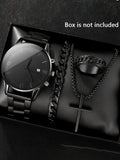 4pcsFashionable men's stainless steel strap Geneva casual business calendar quartz watch ring cross necklace bracelet set Qme black