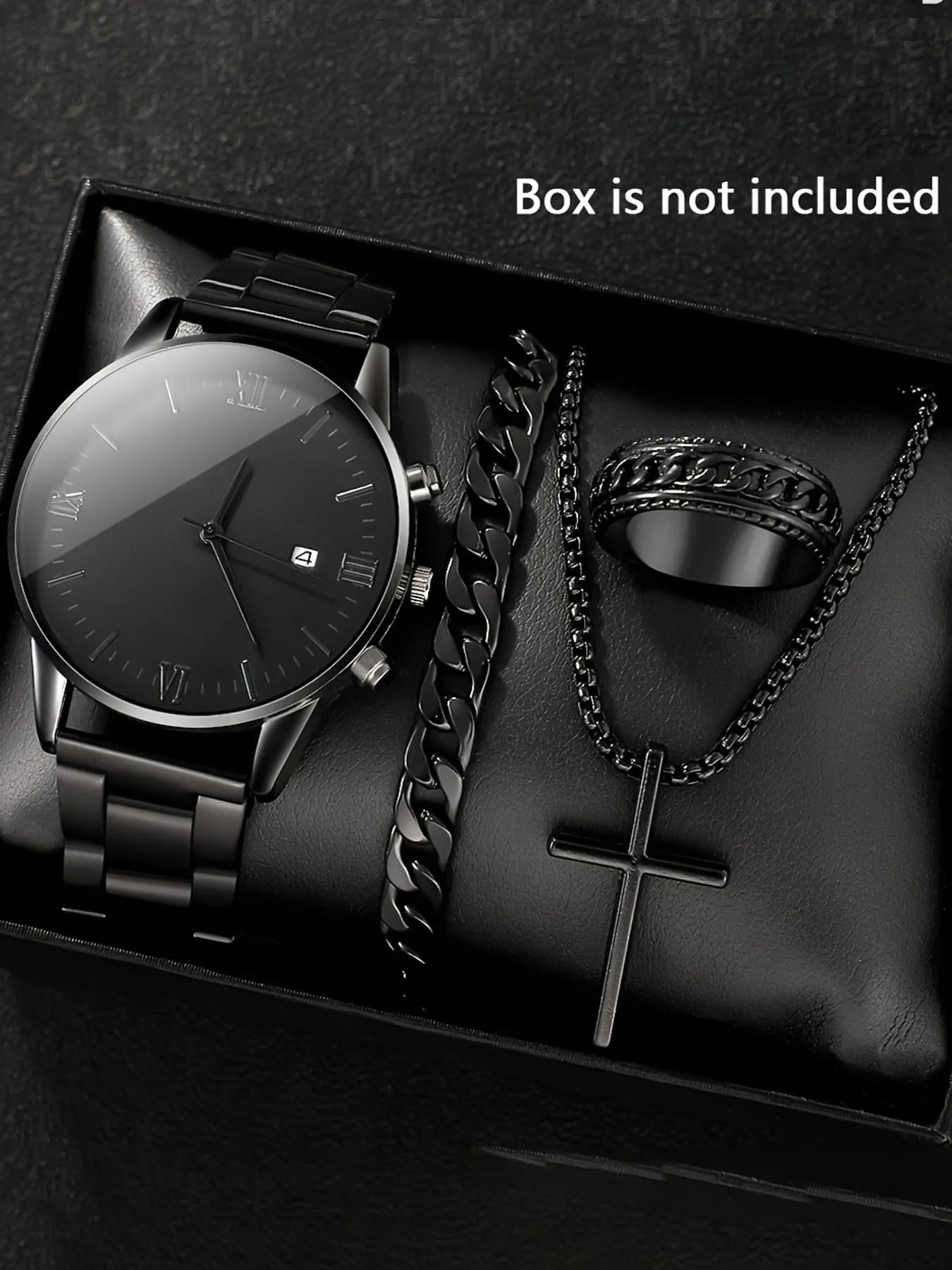 4pcsFashionable men's stainless steel strap Geneva casual business calendar quartz watch ring cross necklace bracelet set Qme black