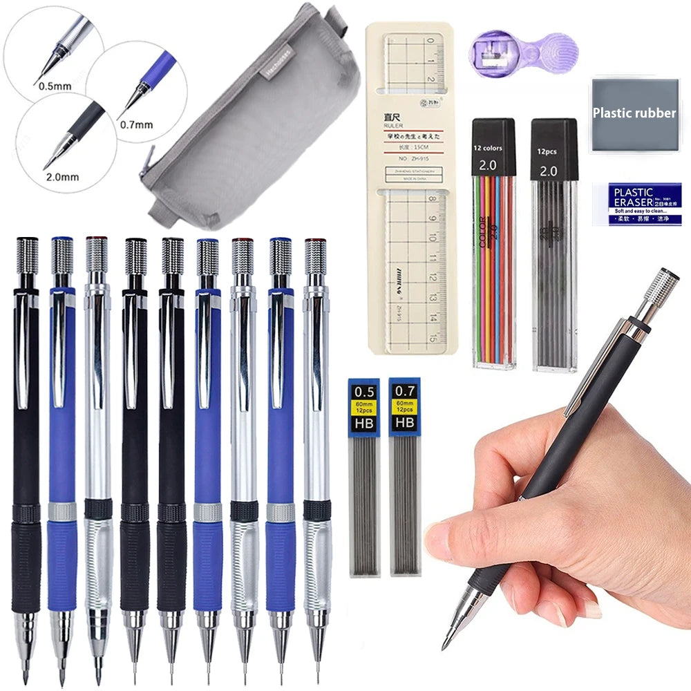 0.5/0.7/2.0mm Mechanical Pencil Set Lead Refills Kneadable Eraser Ruler Sharpener Sketch Drawing Artist Stationery Kit Qme