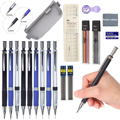 0.5/0.7/2.0mm Mechanical Pencil Set Lead Refills Kneadable Eraser Ruler Sharpener Sketch Drawing Artist Stationery Kit Qme