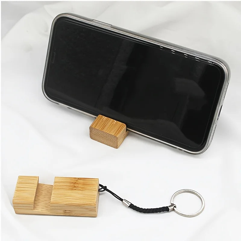 Bamboo Wood Phone Stand With Keychain Mini Portable Cell Phone Holder Universal Desk Smartphone Bracket Key Ring Accessory Qme