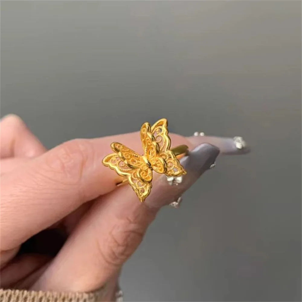Ancient Golden Hollow Butterfly Open Ring Fashionable Elegant Design Trendy Luxury Ins Advanced Versatile Ring Wholesale Qme