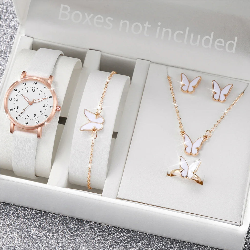 6PCS/Set Women's Quartz Watch Fashion Arabic Dial Leather Band Quartz Watch Jewelry Set（Without Box） Qme