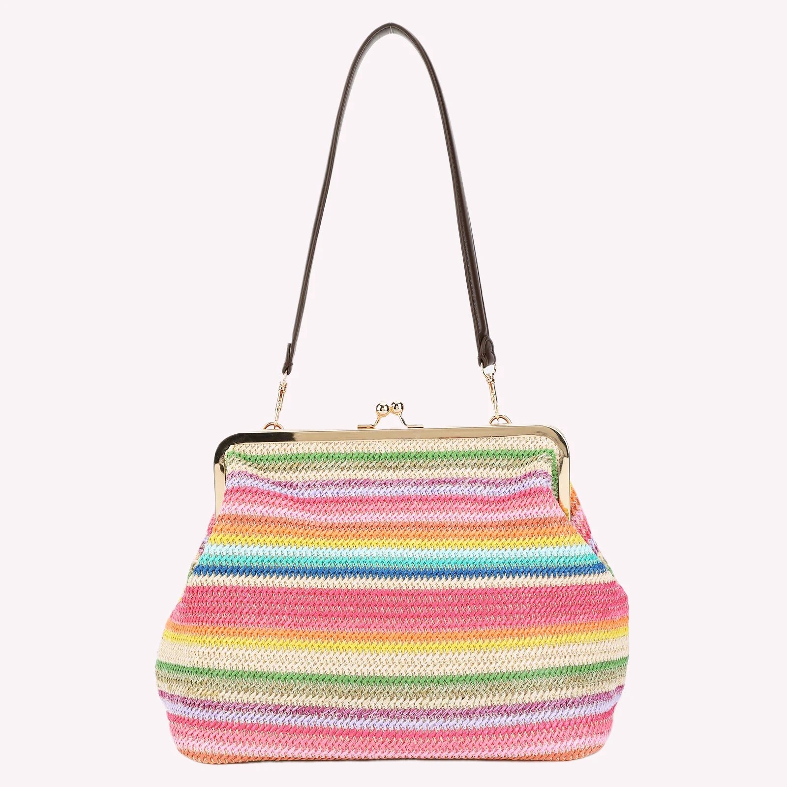 Straw Purses and Striped Handbags Boho Beach Tote Purse Woven Straw Clutch Large Capacity Kiss Clasp Shoulder Bag for Women Qme Style 4