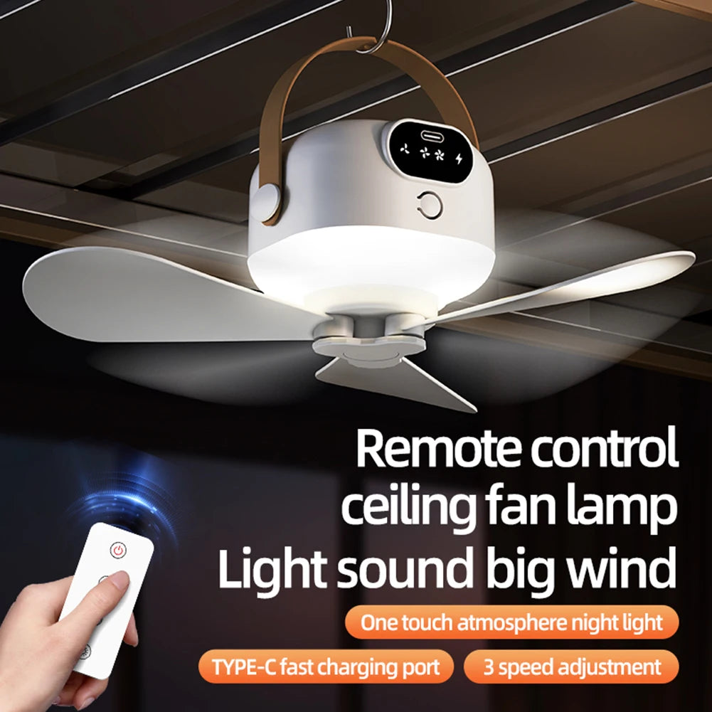 Portable Ceiling Fan Camping Tent Ceiling Canopy Fan Rechargeable Fan Air Circulators With Remote Control USB Charging Light Qme