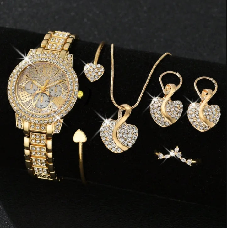 Affordable and high-end feel! Rose gold watch+necklace, earrings, ring, bracelet set Qme Gold