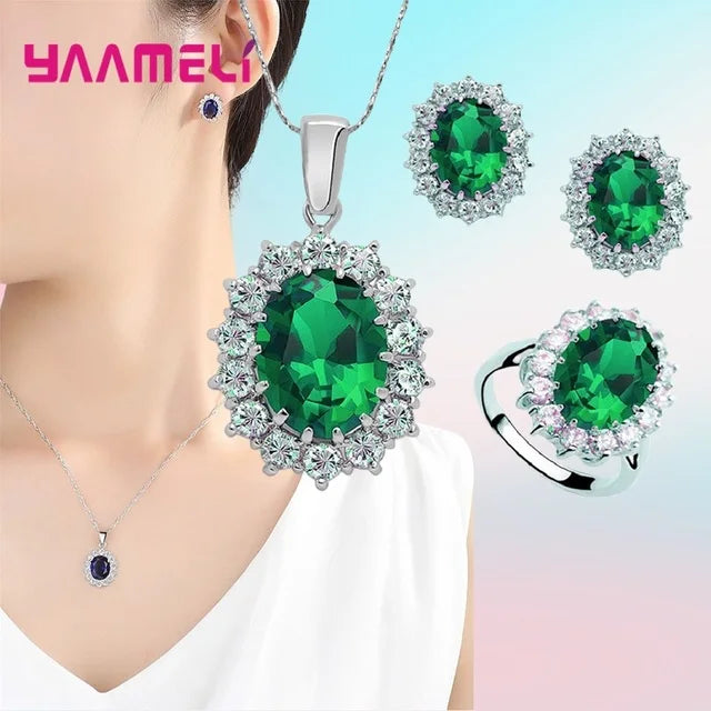 100% Authentic 925 Sterling Silver Color Women Wedding Engagement Jewelry Sets Oval Flower Design Shiny Cubic Zircon Crystal Qme Green
