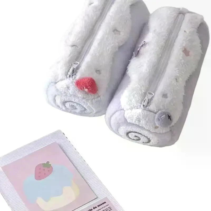 Cute Cream Swiss Roll Plush Pencil Case Large Capacity School Student Qme