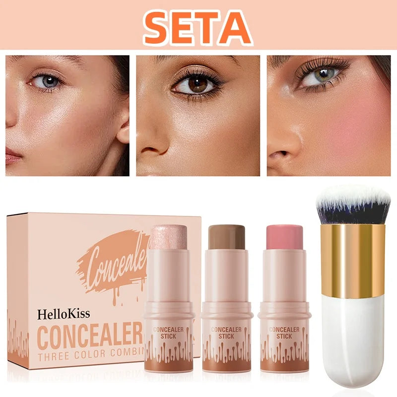 4pcs Set of Contour Stick, Highlight Stick, Blush Stick, Contour Brush, Shapes the Face Contour, Non-Greasy, Waterproof Qme 9507A-020-2