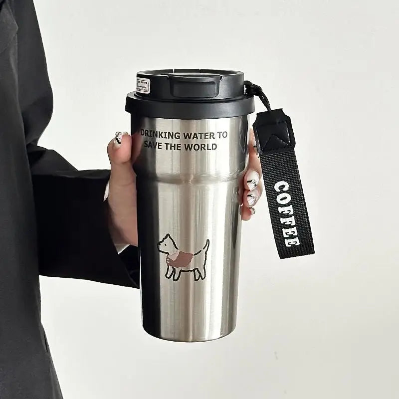 Cute Insulated Coffee Mug St Portable Dual Drink Mouth Women's High Aesthetic Value Water Cup Heat Preservation Cup Qme 401-500ml Silver